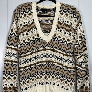 VTG Liz Sport V-Neck Fair Isle Nordic Knit Cotton Blend 90s Pullover Sweater L